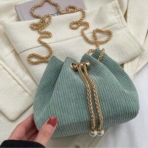 Sage Green Corduroy Bucket Bag Gold Chain Pearl Drawstring Crossbody  Purse